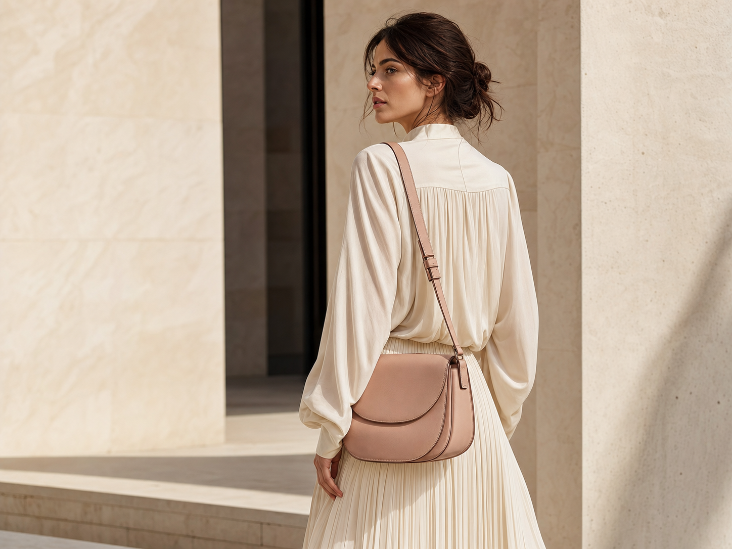 MuseMorrow fashion editorial — woman carrying a blush shoulder bag